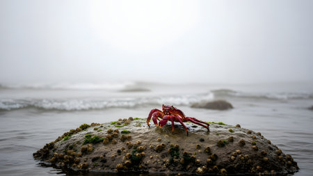 A red crab perched on a mossy rock in the ocean with waves crashing in the background. The scene has a moody, misty atmosphere, highlighting the rugged coastal wildlife.の素材
