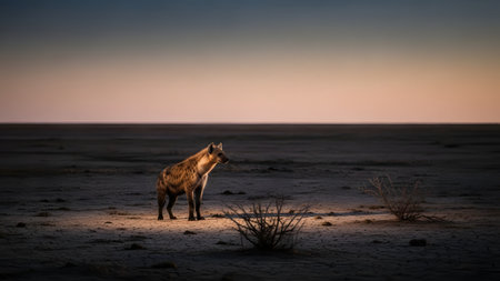 A spotted hyena standing alone in a vast, dry landscape illuminated by low sunlight. The animal looks alert against the minimalist horizon and textured ground of the arid plain.の素材