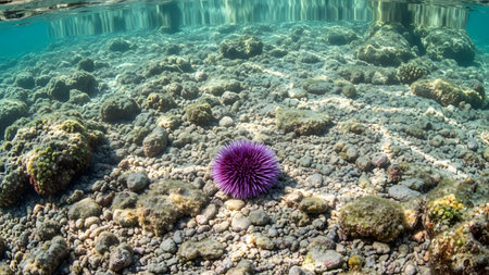 A vibrant purple sea urchin resting on a rocky seabed in clear, shallow turquoise water. The underwater shot captures the sharp spines and the textured marine environment.の素材