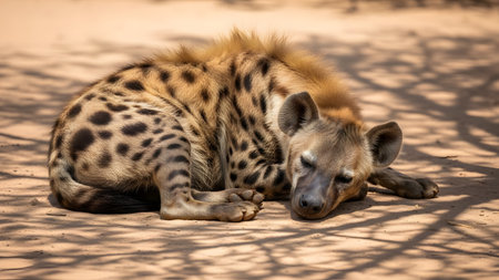 A spotted hyena curls up asleep on the sandy ground, resting in the dappled shade of a tree. The close-up shot captures the details of its spotted fur and peaceful expression in a natural wildlife setting.の素材