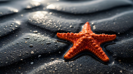 A vibrant red starfish resting on textured black sand during low tide, illuminated by sunlight. The wet, rippled sand creates a dramatic and natural contrast with the marine creature.の素材