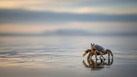 A small crab walking across the wet sand of a beach with the ocean horizon blurred in the background. The low-angle shot captures the creature's reflection and the serene coastal environment.の素材