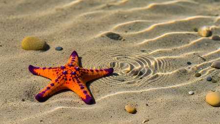 A vibrant orange and purple starfish resting on the sandy seabed in clear shallow water. Sunlight creates natural ripple patterns on the sand, highlighting the marine life.の素材