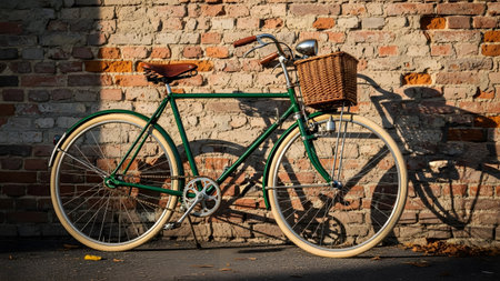 A classic green bicycle with a wicker basket and leather saddle leans against an old weathered brick wall. The vintage bike casts a shadow on the rustic surface evoking a sense of urban nostalgia and eco-friendly transport.の素材