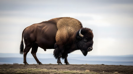 A large American Bison stands in profile on a grassy ridge against a soft sky background. The wild buffalo displays its thick brown fur and horns in a vast open landscape.の素材