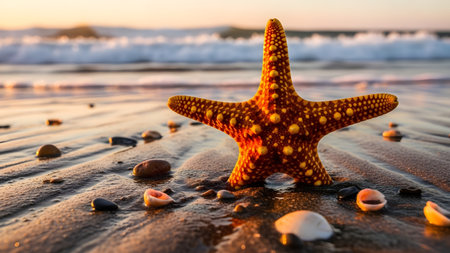 A vibrant orange starfish rests on wet sand at the water's edge with ocean waves blurring in the background. The warm golden light of the sunset highlights the texture of the sea star creating a peaceful tropical scene.の素材
