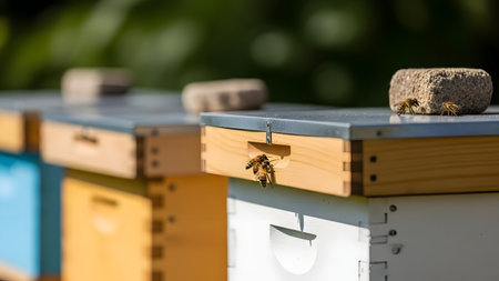 A row of wooden beehives in an apiary with honey bees flying in and out of the entrance. The shallow depth of field focuses on the busy activity of the colony, highlighting sustainable farming and nature.の素材