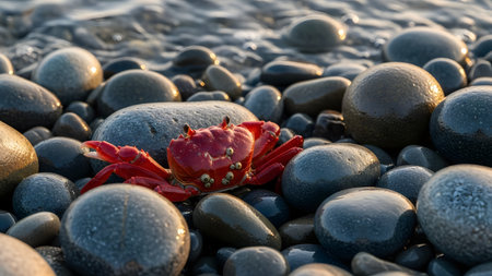 A vibrant small red crab sits atop smooth grey pebbles on a beach, illuminated by warm sunlight. The close-up shot captures the details of the crustacean's shell against the wet, rocky texture of the shoreline.の素材