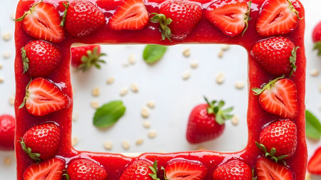 A rectangular frame made of red strawberry jam is bordered by fresh strawberries, with oats and mint leaves scattered in the white center. This creative food composition suggests a healthy breakfast theme.の素材