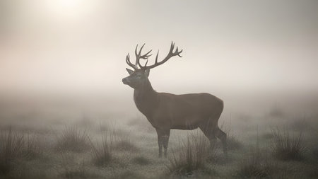 A majestic red deer stag stands proudly in a grassy field enveloped by thick morning mist. The soft, diffuse light highlights the animal's impressive antlers and the atmospheric beauty of the natural landscape.の素材