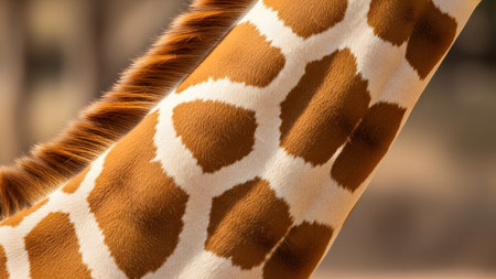 A detailed close-up of a giraffe's neck, displaying the distinctive pattern of orange-brown patches separated by light cream lines. The texture of the fur and the natural geometric design highlight the unique beauty of this African mammal.の素材