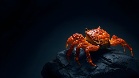 A vibrant red crab stands on a dark textured rock against a black background with dramatic lighting. The contrast emphasizes the crustacean's detailed shell and claws creating a moody and artistic marine visual.の素材