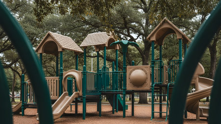 An outdoor playground features multiple slides and climbing structures in beige and green colors, situated in a park with large trees. The empty play area, covered in wood chips, awaits children for recreation and fun.の素材