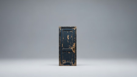 An old weathered blue wooden door stands isolated against a plain neutral background. The peeling paint and rustic texture give the object a vintage and abandoned appearance.の素材