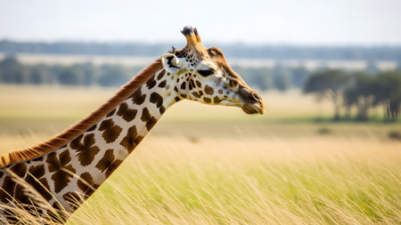A close-up profile of a giraffe's head and neck set against a blurred savannah background. The wild animal stands tall in the golden grass of its natural African habitat.の素材