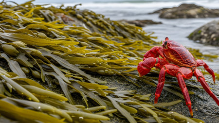 A vibrant red crab climbs over wet green seaweed on a rocky shore. The contrast between the bright crustacean and the dark aquatic plants creates a striking composition against the blurred ocean background.の素材