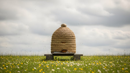 A traditional woven straw bee skep stands in a lush meadow filled with wildflowers and green grass. Swarms of honeybees fly around the hive entrance, highlighting natural pollination and rural beekeeping.の素材