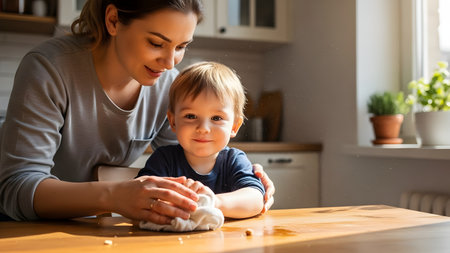 A caring mother smiles while gently cleaning her toddler son's hands with a cloth at a wooden kitchen table. The scene is bathed in warm, natural sunlight, capturing a tender moment of parenting and domestic care.の素材