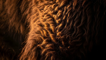 A detailed macro shot of thick brown animal fur illuminated by warm golden light. The image captures the wavy texture and softness of the hair, creating an abstract natural background. The lighting accentuates the depth and varying tones of the coat, suitable for textile or nature-related designs.の素材