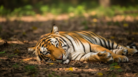 A majestic Bengal tiger sleeps peacefully on the leaf-covered forest floor, dappled with sunlight. The image captures the serene yet powerful presence of the big cat resting in its natural habitat.の素材