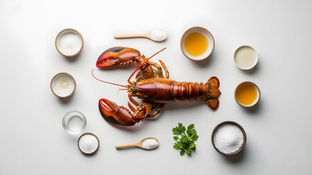 A top-down flat lay composition featuring a whole raw lobster surrounded by small bowls of ingredients like salt, oil, and sauces on a white textured background. The minimalist arrangement suggests gourmet seafood preparation and high-end culinary arts.の素材