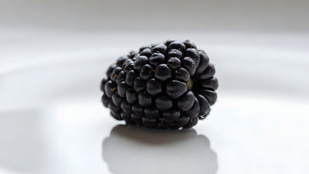 A close-up macro shot of a single fresh blackberry resting on a white surface, covered in tiny water droplets. The image highlights the deep purple and black texture of the ripe berry, emphasizing freshness and organic quality.の素材
