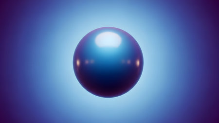 A perfectly round, glossy sphere reflecting blue and purple hues against a gradient background. The 3D rendered object highlights smooth texture, lighting, and minimalist geometric design.の素材