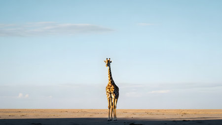 A lone giraffe stands tall in a vast, flat landscape under a large blue sky. The minimalist composition emphasizes the height and isolation of the animal in its natural African habitat.の素材