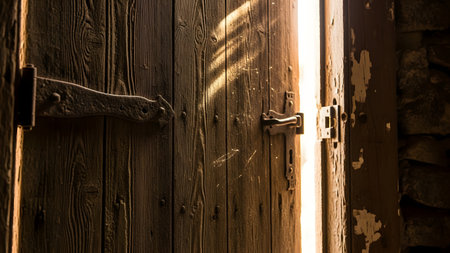 Bright sunlight streams through the crack of a slightly ajar rustic wooden door. The detailed texture of the dark wood and metal hinges contrasts with the intense beam of light entering the dark space.の素材