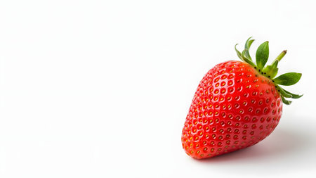A single fresh strawberry with green leaves sits on a white background. The macro shot captures the texture of the seeds and the vibrant red color, emphasizing the fruit's ripeness and sweet appeal.の素材