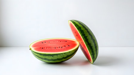 A fresh watermelon cut into halves and a slice, displayed against a clean white background. The vibrant red flesh with black seeds contrasts beautifully with the green striped rind, symbolizing summer refreshment.の素材