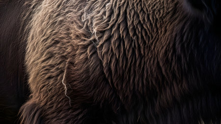 A close-up texture shot of thick, brown American Bison fur. The image details the coarse and woolly hair of the animal, providing a natural abstract background.の素材