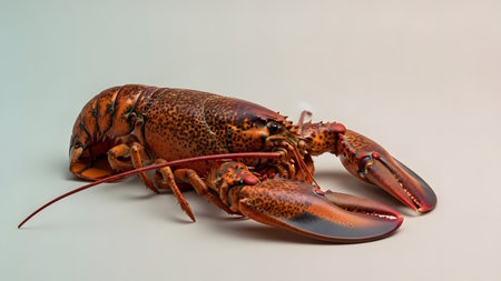 A whole fresh lobster isolated against a clean, light background. The seafood crustacean features large claws and a vibrant shell, representing gourmet dining and luxury food.の素材