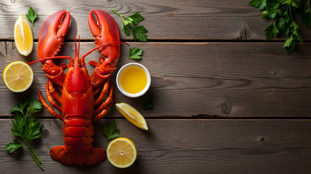 A whole cooked red lobster is presented on a rustic wooden table, accompanied by lemon slices, fresh herbs, and a small bowl of oil. The flat-lay composition highlights the seafood delicacy.の素材