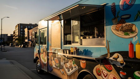 A blue food truck adorned with food illustrations is parked on a city street in the late afternoon. The mobile kitchen is ready to serve customers, representing modern urban street food culture and small business.の素材
