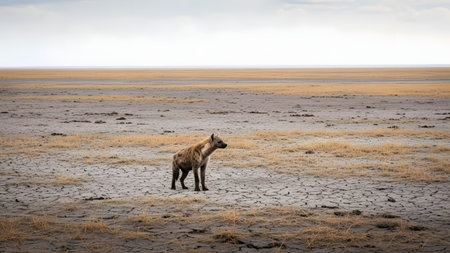 A spotted hyena stands solitary in a vast, arid landscape characterized by dry, cracked earth. The horizon stretches far into the distance under a cloudy sky, emphasizing the harsh environment.の素材