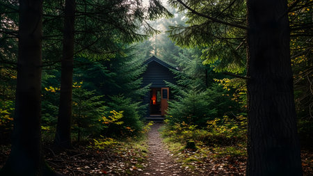 A small, dark wooden cabin nestled deep within a dense green pine forest. The door is slightly ajar revealing a warm light inside, creating a sense of mystery and cozy seclusion amidst the tall trees.の素材