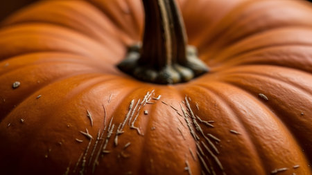 A macro close-up of the top of a ripe orange pumpkin, focusing on the textured skin and the sturdy green stem. The image captures the details of this classic fall harvest vegetable.の素材