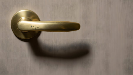A gold-colored metal door handle is mounted on a light wooden door with vertical grain. A strong light source casts a sharp, distinct shadow of the handle onto the door surface, highlighting the hardware design.の素材
