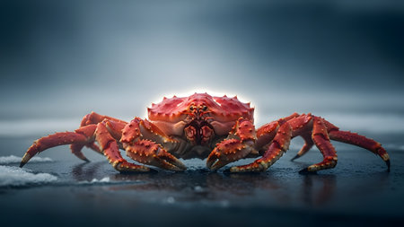 A massive red king crab stands on a dark, wet surface with a moody, cinematic background. The close-up emphasizes the spiky texture of its shell and powerful claws, showcasing marine life.の素材