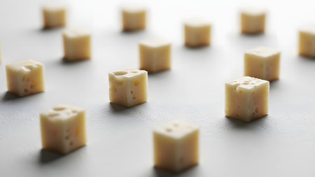 Small cubes of cheese are arranged in a neat, perspective grid pattern on a white textured surface. The minimalist food composition uses shallow depth of field to highlight the texture of the dairy product.の素材
