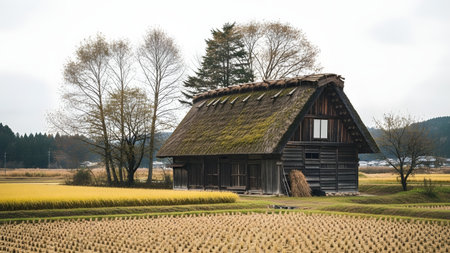 A traditional Japanese thatched-roof farmhouse, known as Gassho-zukuri, stands amidst a rural landscape with rice fields. The historic architecture is surrounded by trees and mountains, reflecting the cultural heritage of Japan.の素材
