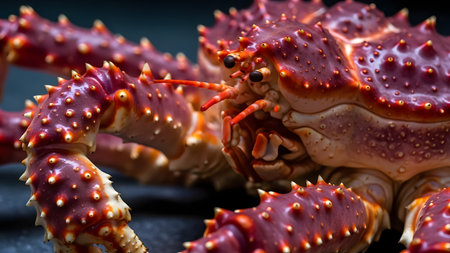 An extreme close-up of a king crab's face, detailing its eyes, antennae, and spiky red shell. The macro shot captures the intricate biological textures of this marine crustacean.の素材