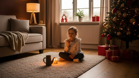 A young girl sits on a rug in a cozy living room on Christmas Eve, gently lighting a candle. A decorated Christmas tree glows in the background, creating a warm and magical holiday atmosphere.の素材