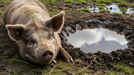 A pig rests comfortably in the mud next to a puddle reflecting the cloudy sky on a farm. The animal looks towards the camera, capturing a candid moment of farm life and livestock behavior.の素材