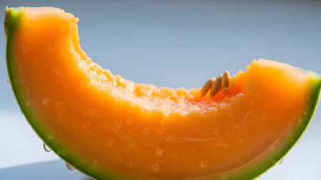A fresh wedge of cantaloupe melon covered in water droplets, glistening under bright lighting. The seeds are visible in the center, and the translucent orange flesh conveys juiciness and refreshment.の素材