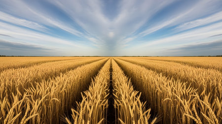 A vast, golden wheat field stretches endlessly toward the horizon with perfect symmetry and leading lines created by the crop rows. The dramatic sky features streaking clouds that mirror the perspective of the field below.の素材