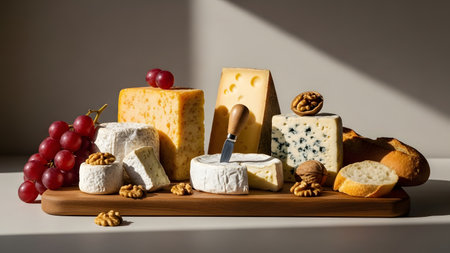 An assorted gourmet cheese platter arranged on a wooden board. The selection includes blocks of hard cheese, wheels of soft cheese, grapes, walnuts, and crusty bread, illuminated by warm natural light.の素材
