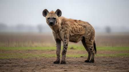 A spotted hyena stands alert on a dirt path in the African savanna, gazing directly at the camera. The animal's spotted fur and unique build are clearly visible against a soft, blurred background of grassland and trees.の素材
