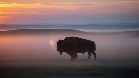 A powerful silhouette of a bison standing in a misty field at sunrise. The soft, colorful sky in shades of pink and orange creates a serene and mysterious backdrop for the majestic animal.の素材